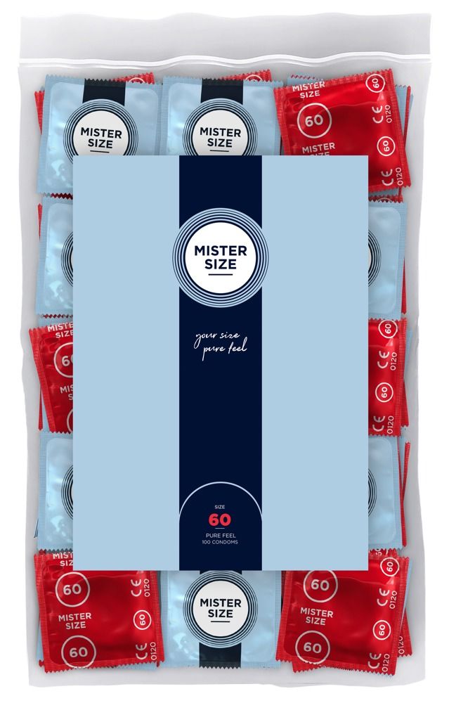 Verpackung mit Kondomen. Blaue und rote Einzelverpackungen. Aufdruck: Mister Size, 60.