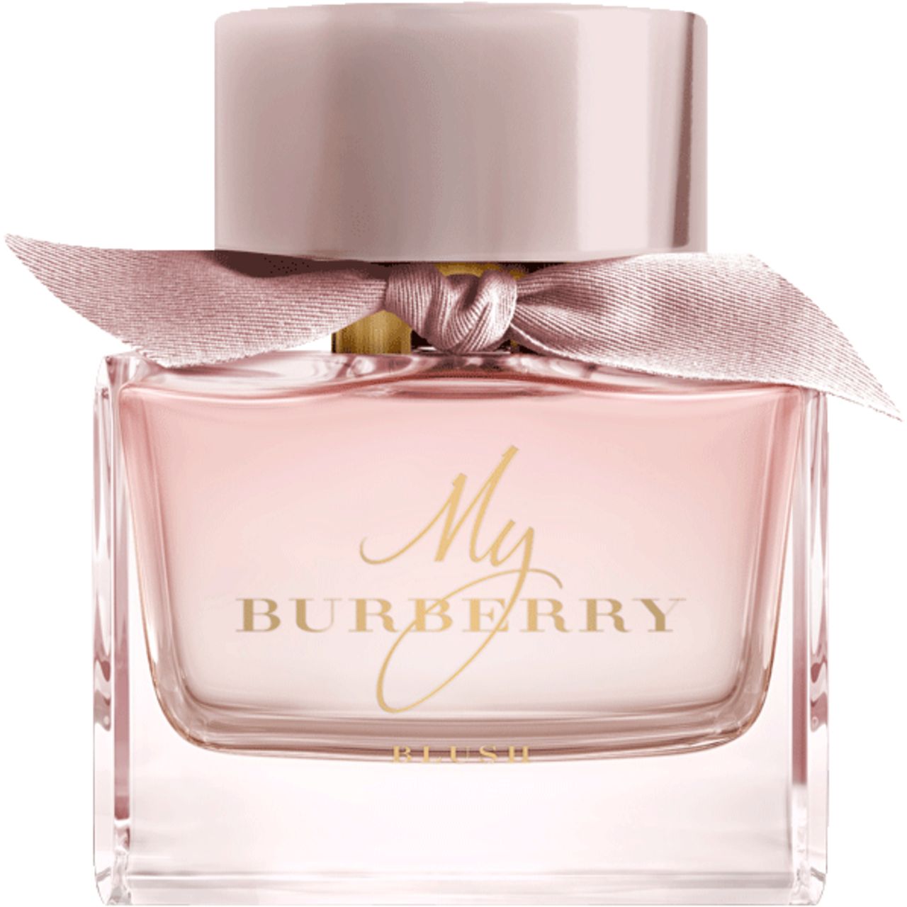 Glasflakon mit rosa Flüssigkeit, rosa Verschluss und Schleife. Aufschrift My Burberry Blush.