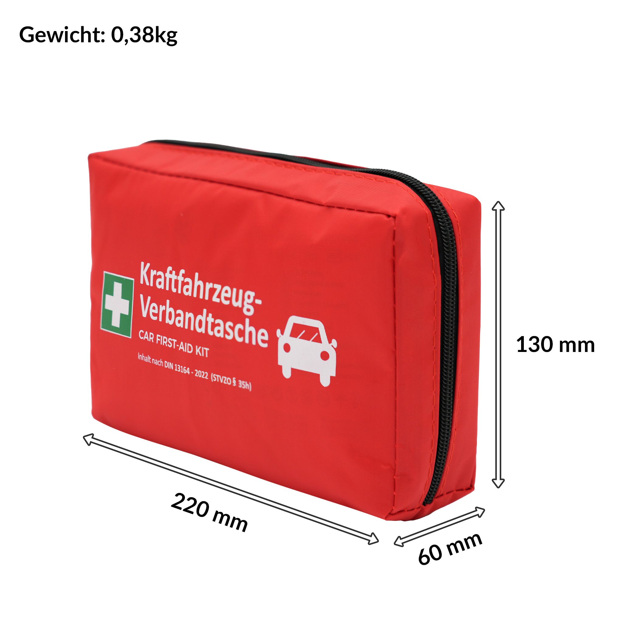 Rote KFZ-Verbandtasche mit Aufdruck und Reißverschluss. Maße: 220x130x60 mm. Gewicht: 0,38 kg. Mit grünem Kreuz und Auto-Symbol.