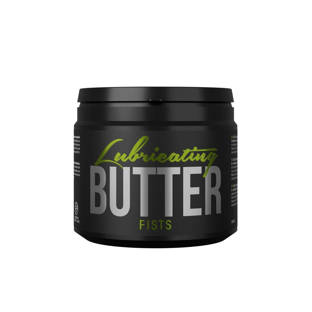 Schwarzer Tiegel mit Deckel. Aufschrift: Lubricating BUTTER, FISTS. Grün und silberne Schrift.