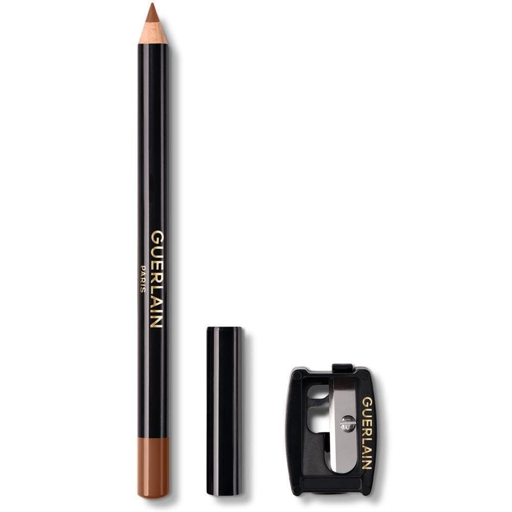Lippenstiftstift, schwarzer Schaft, braune Mine, mit Kappe und Anspitzer.