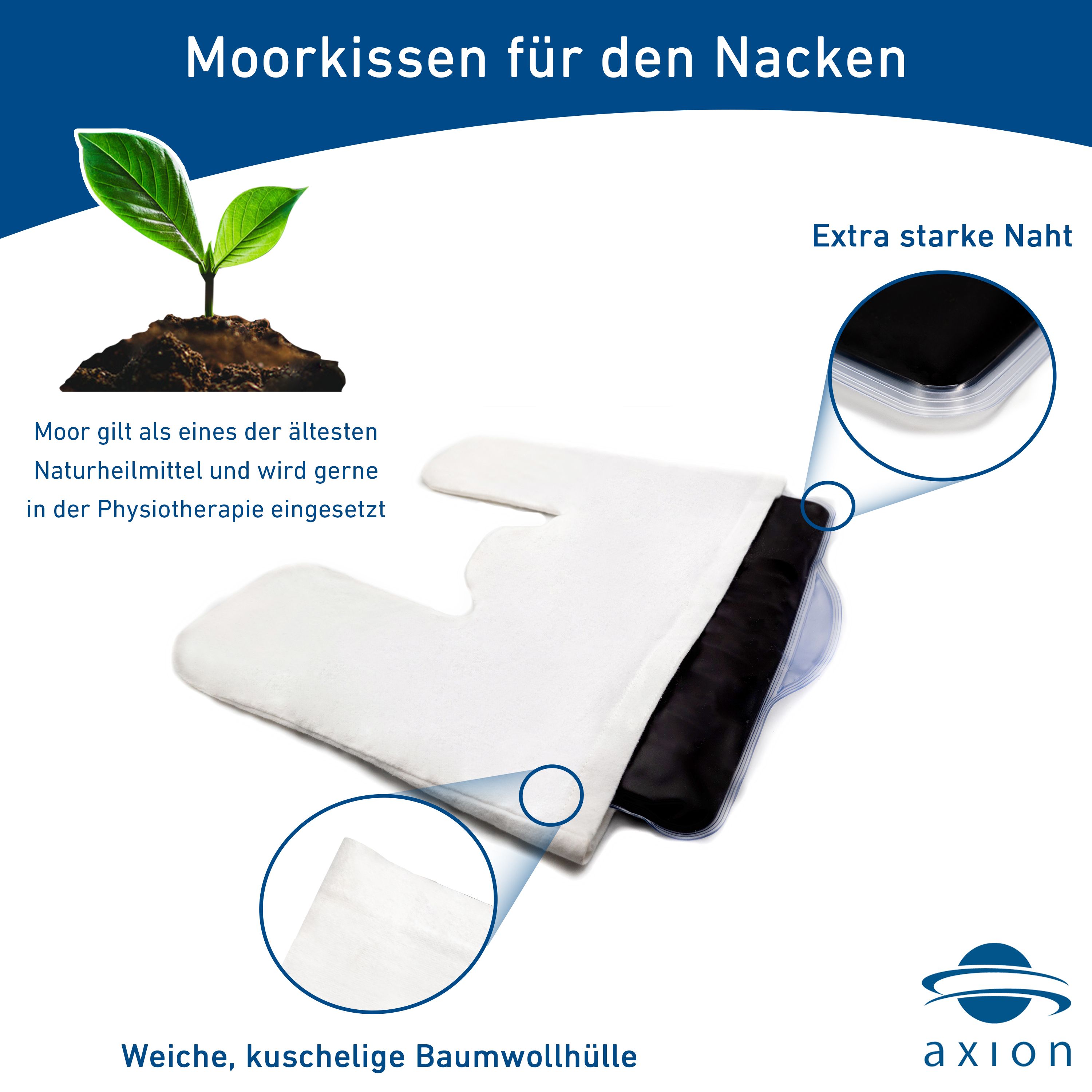 Nackenkissen mit weißer Baumwollhülle und schwarzem Innenkissen. Text: 'Weiche, kuschelige Baumwollhülle'.