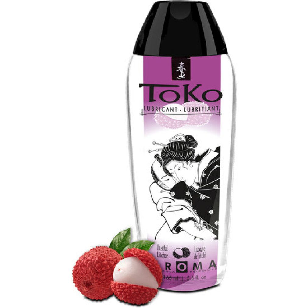 Toko Aroma Gleitmittel mit Lychee-Duft. Transparente Flasche mit schwarzem Verschluss und japanischem Motiv.