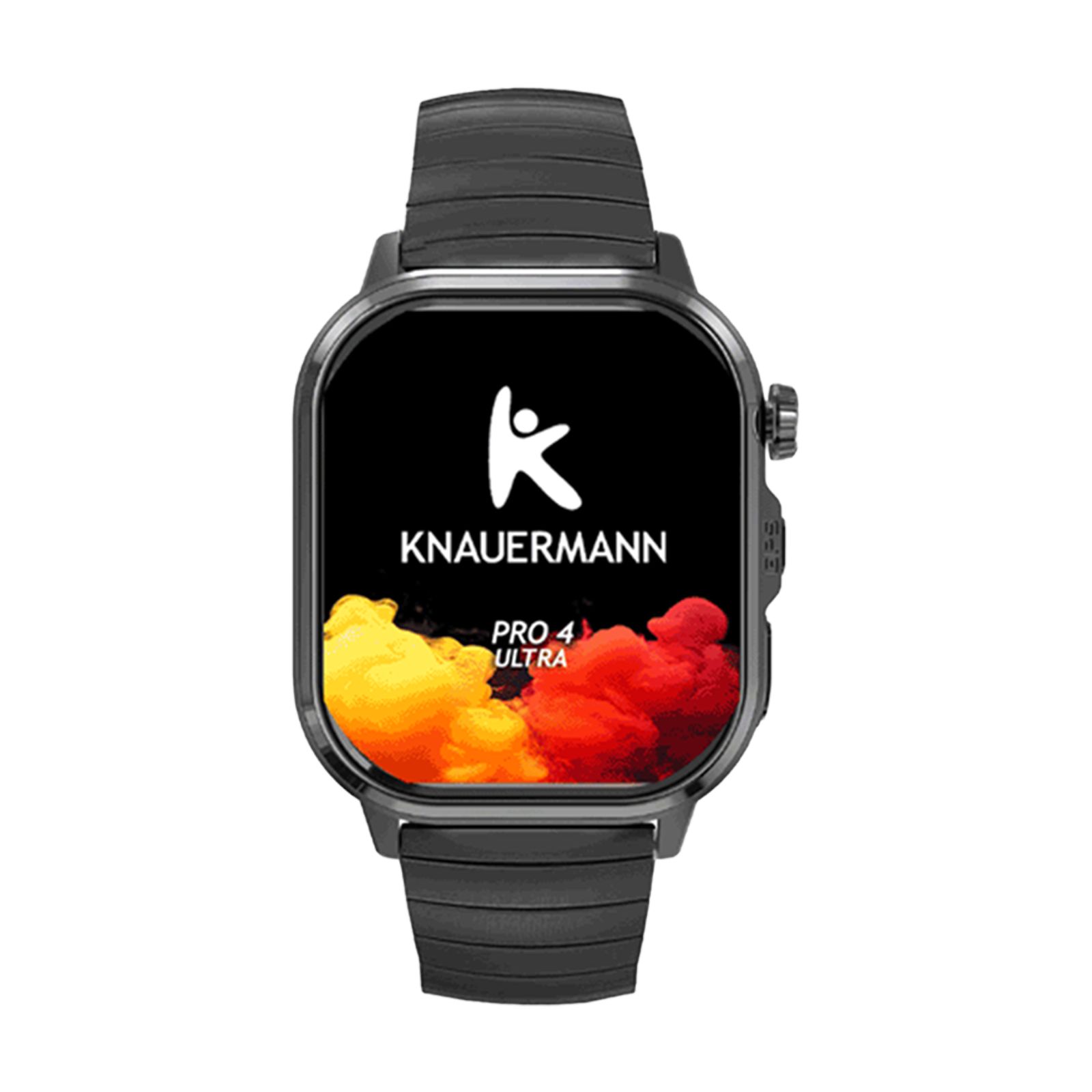 Knauermann PRO 4 Ultra Gesundheitsuhr mit schwarzem Armband und farbigem Display.