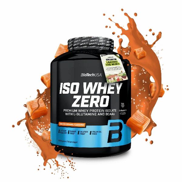 Schwarze Dose BioTechUSA Iso Whey Zero. Aufschrift: Premium Whey Protein Isolate. Mit L-Glutamin und BCAAs. Salziger Karamell-Geschmack. Glutenfrei.