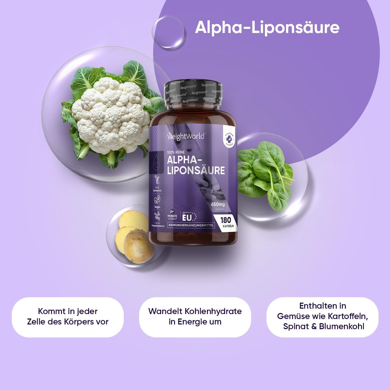 Produktflasche neben Gemüse wie Blumenkohl, Spinat und Kartoffeln. Text: Wandelt Kohlenhydrate in Energie um.