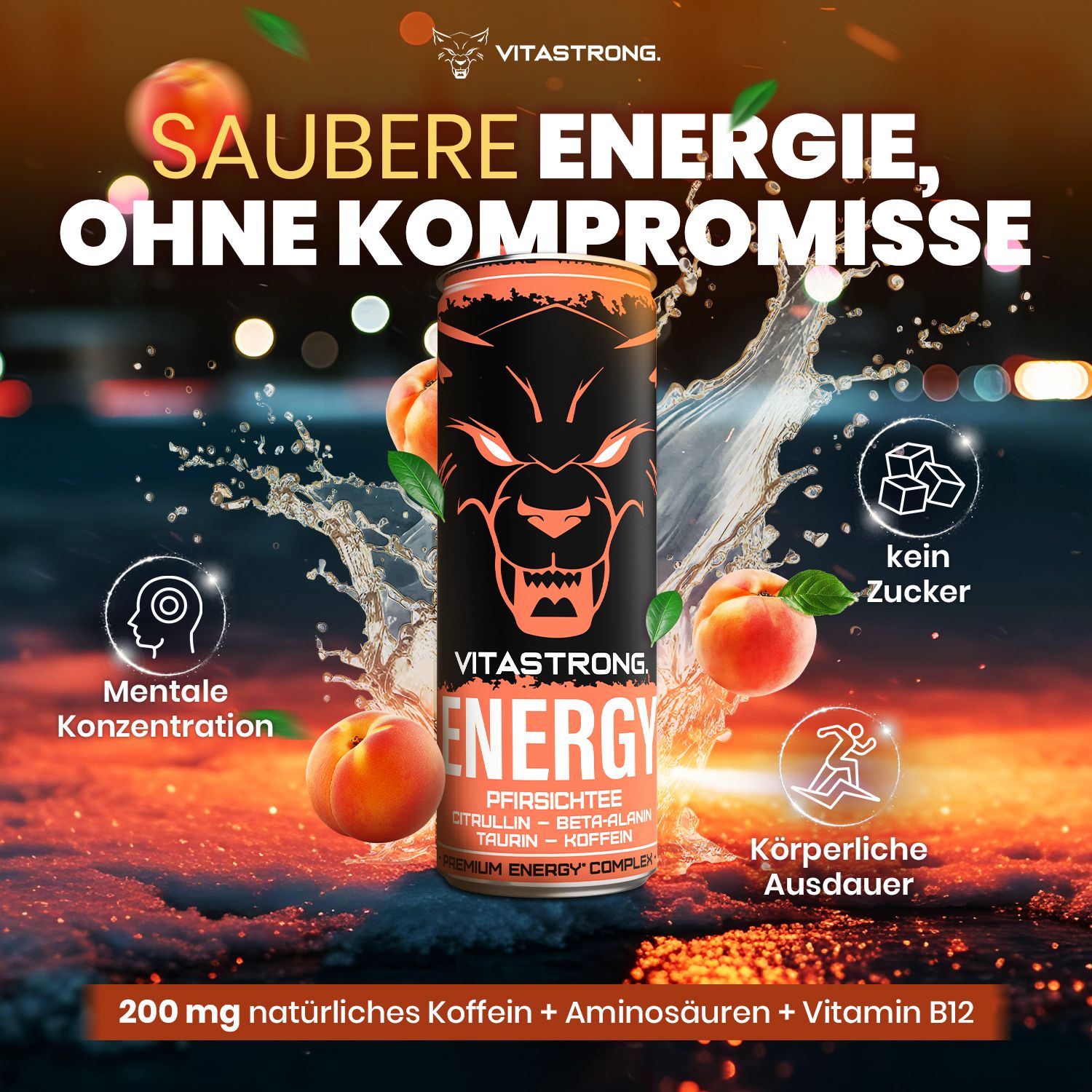 Dose Pfirsichtee mit Wasser. Text: Saubere Energie, ohne Kompromisse. Abbildungen: Pfirsiche, Würfel, Konzentration, Ausdauer.
