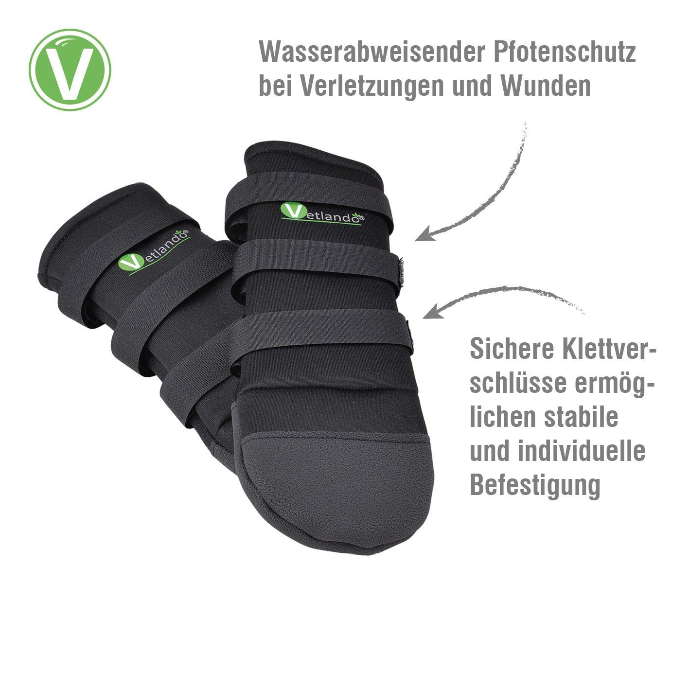 Zwei schwarze Pfotenschutzschuhe mit Klettverschlüssen. Text: 'Wasserdichter Pfotenschutz bei Verletzungen und Wunden'.