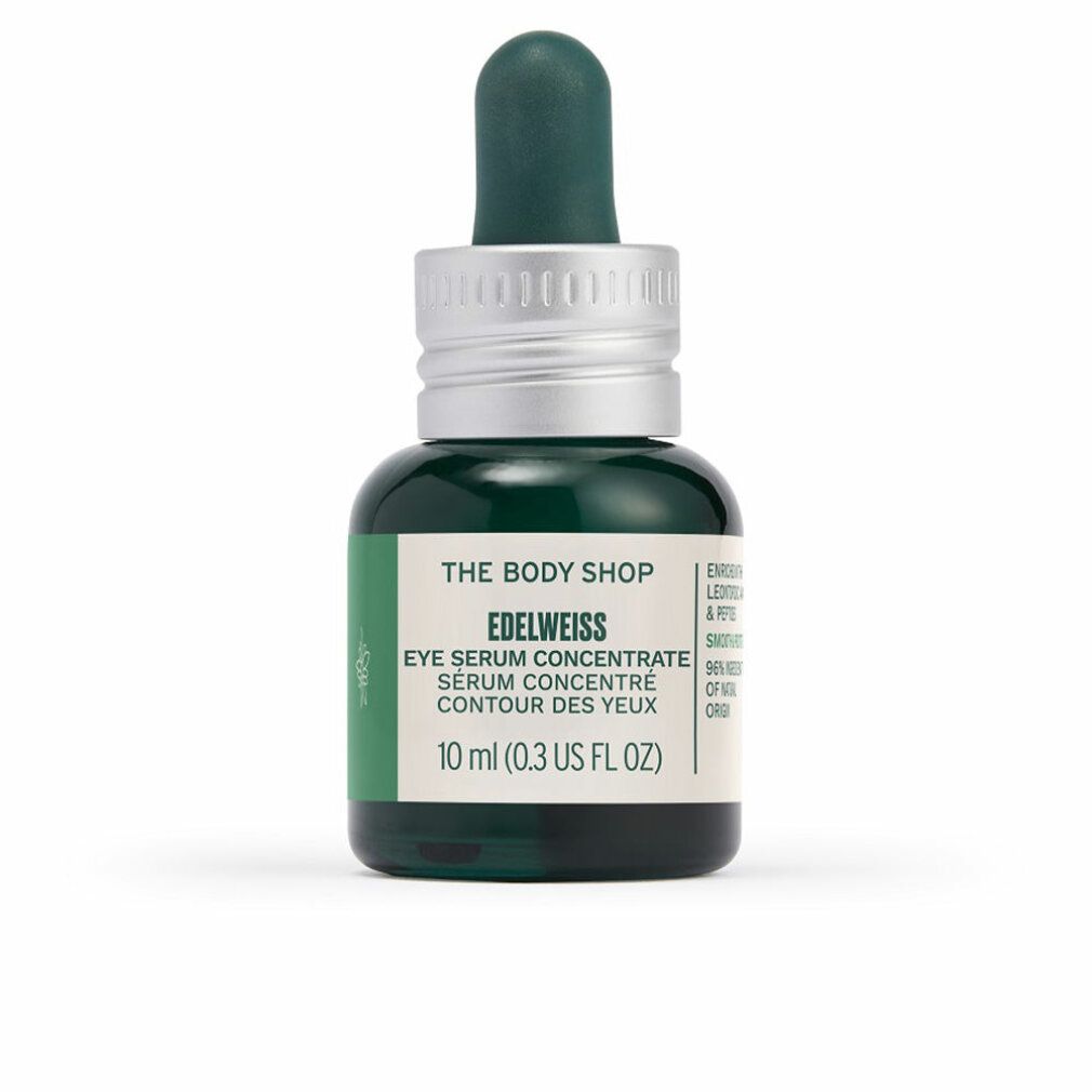 Grüne Glasflasche mit Pipette. Etikett mit Produktname, "Eye Serum Concentrate" und Volumenangabe: 10 ml.