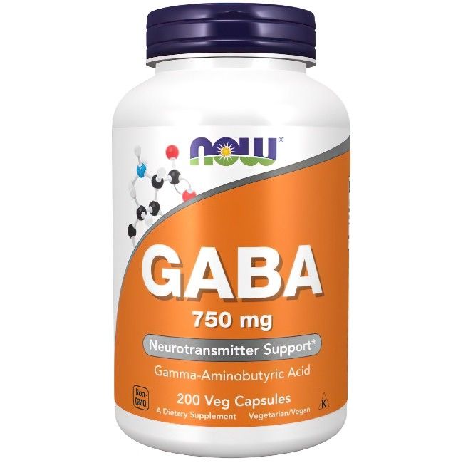 Weiße Flasche mit blauem Deckel. Orangefarbenes Etikett mit GABA 750 mg, 200 Veg-Kapseln. NOW Logo.