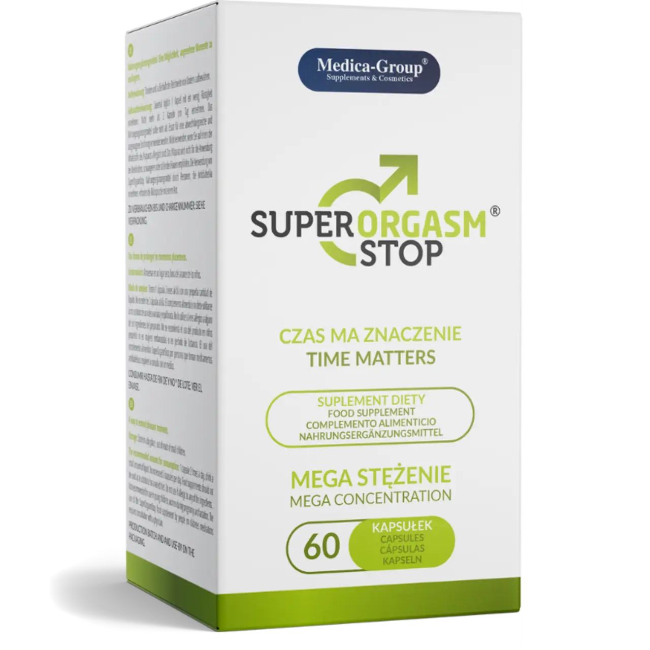 Weiße Schachtel mit Aufschrift: Super Orgasm Stop, 60 Kapseln. Marke: Medica-Group.
