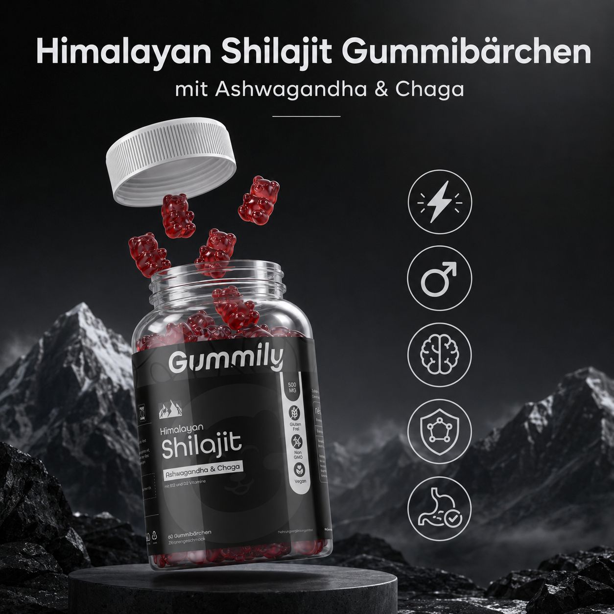 Gummily Shilajit Gummies Flasche mit herausfliegenden Gummibärchen, Berglandschaft.