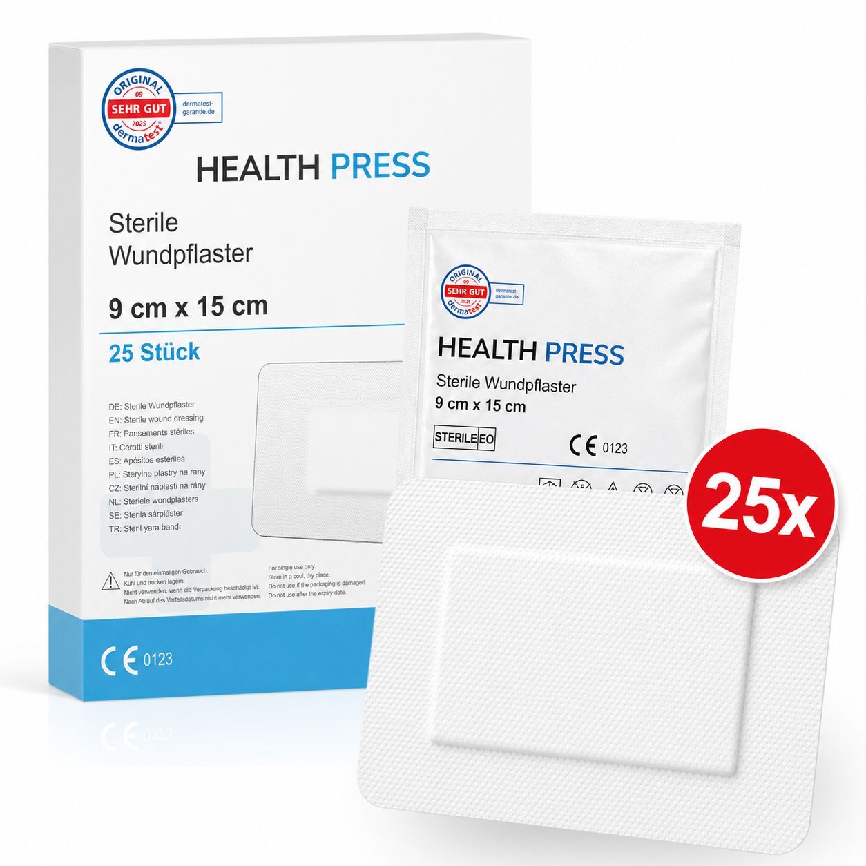 Verpackung und einzelnes steriles Wundpflaster 9x15 cm, 25 Stück, mit CE-Kennzeichnung.
