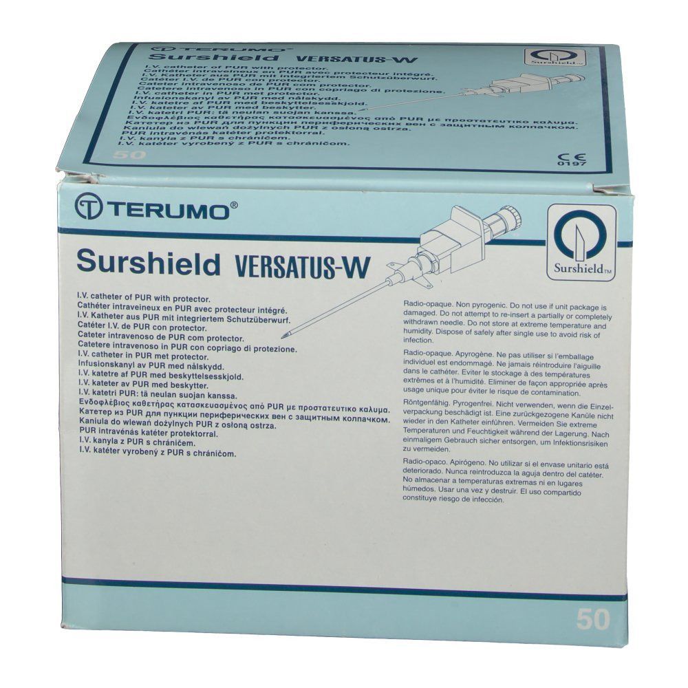 Karton TERUMO® Surshield Versatus-W. Aufdrucke: Produktname, Logo, Text. Enthält 50 Stück. Mit CE-Kennzeichnung.