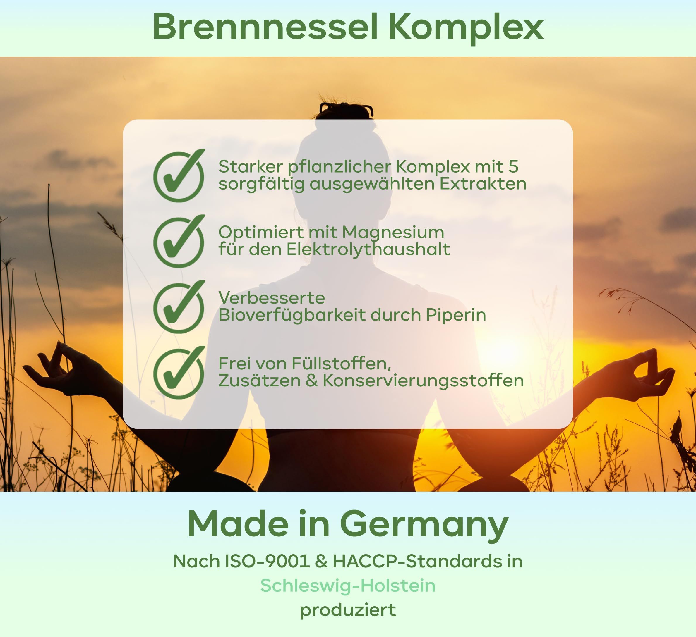 Text auf grünem Hintergrund mit grünen Häkchen. Enthält Informationen über Inhaltsstoffe und Vorteile. Made in Germany.