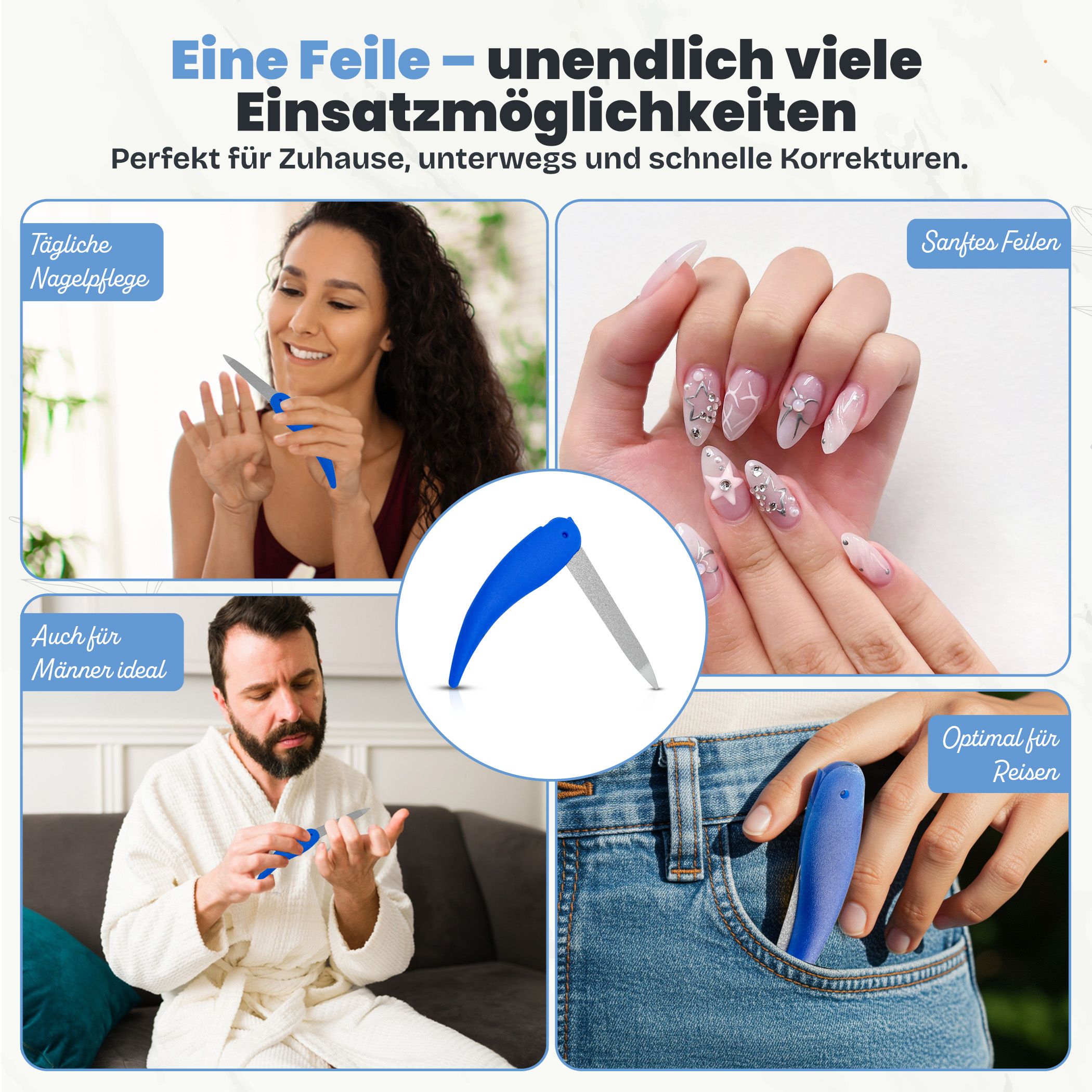 Vier Szenarien für die blaue, klappbare Nagelfeile: Maniküre, Reise, Männerpflege.