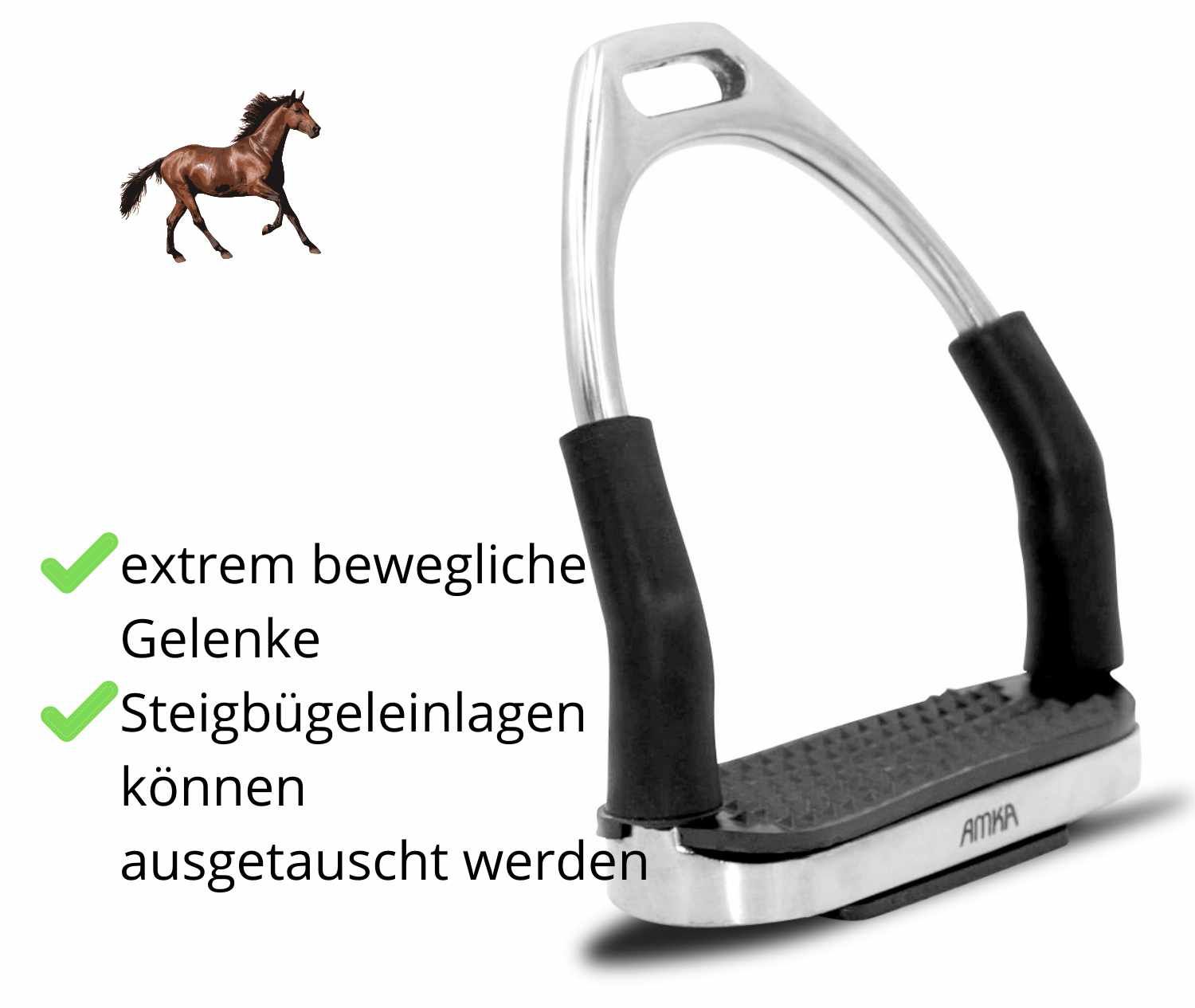 Steigbügel mit AMKA-Logo. Text: extrem bewegliche Gelenke, Steigbügeleinlagen können ausgetauscht werden. Pferd-Icon.