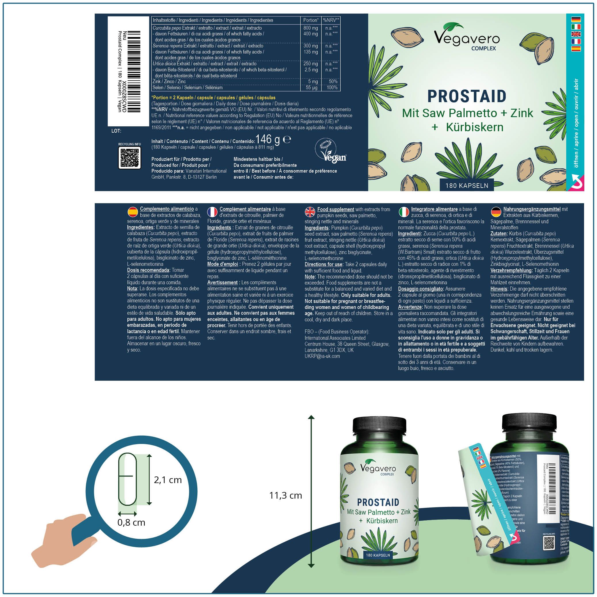 Produktverpackung mit Etikett. Aufschrift: VEGAVERO COMPLEX, PROSTAID, Mit Saw Palmetto + Zink + Kürbiskern. Kapsel-Abmessungen: 2,1 x 0,8 cm.