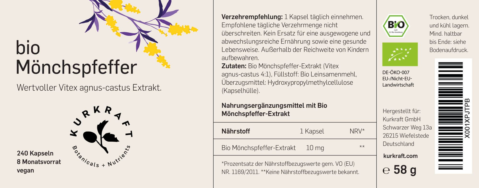 Etikett mit Produktname, Inhaltsstoffen, Nährwertangaben und Zertifizierungen. 240 Kapseln, vegan.