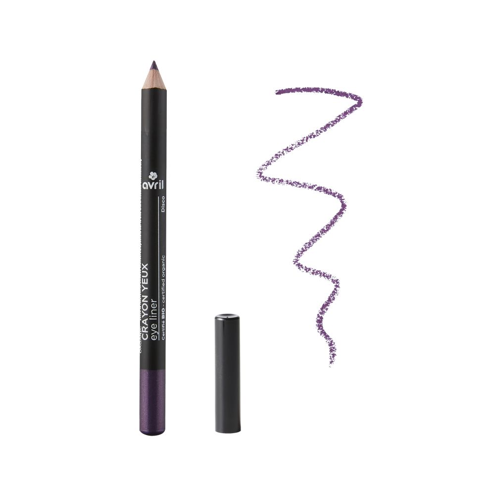 Augenstift mit schwarzer Hülse und lilafarbener Mine. Daneben ein Strich der Farbe. Mit "Avril" und "Crayon Yeux Eye Liner" beschriftet.