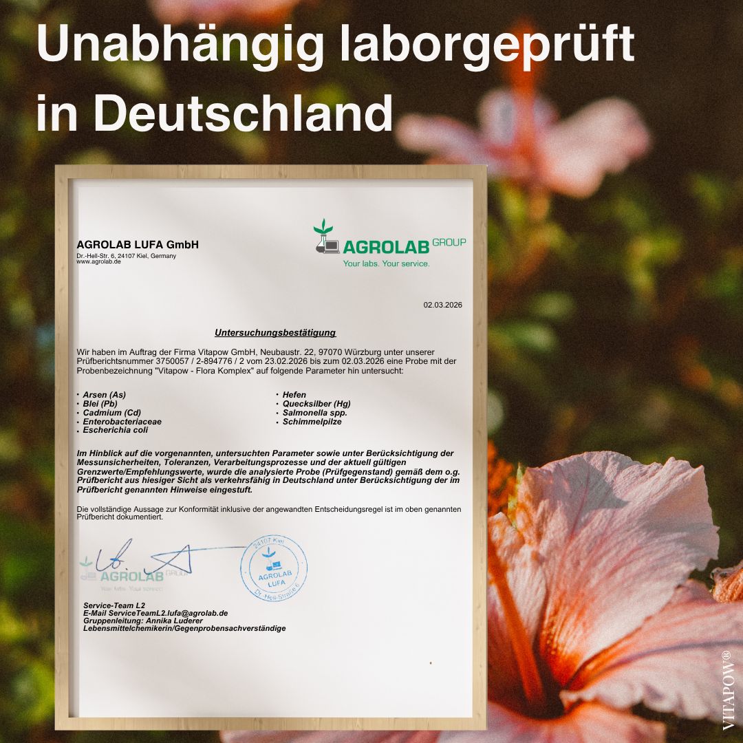 Laborbericht von Agrolab zur Prüfung von Vitapow Flora Komplex. Bestätigt die Unabhängigkeit und Prüfung in Deutschland.