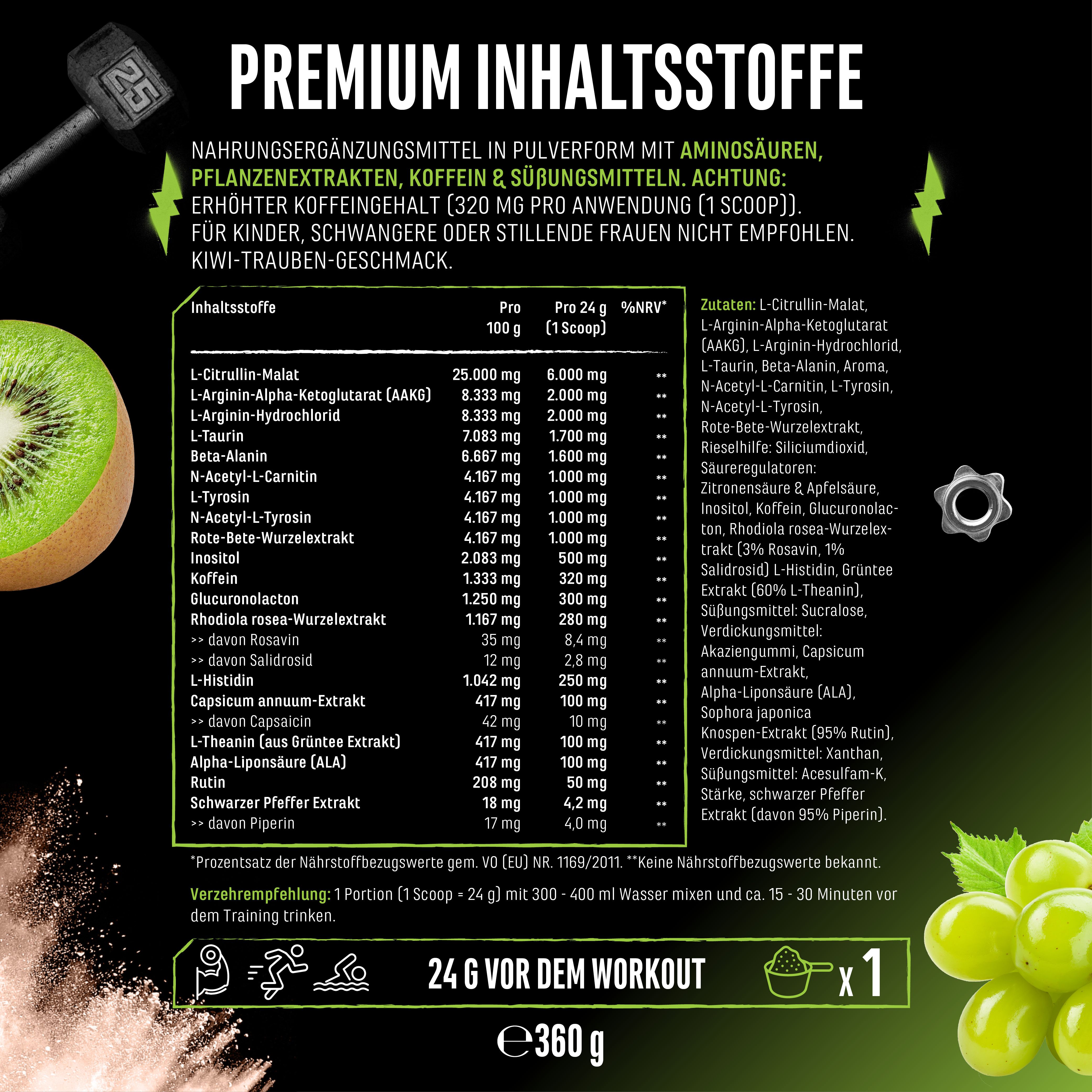 Nährwerttabelle für GEN Push It To The Limit. Inhaltsstoffe pro 100g und pro Portion. Mit Kiwi-Trauben-Geschmack.