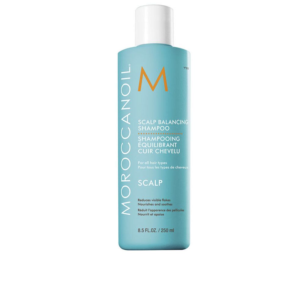 Türkisblaue Shampoo-Flasche mit weißem Deckel. Aufschrift: MOROCCANOIL, SCALP BALANCING SHAMPOO, 250 ml.