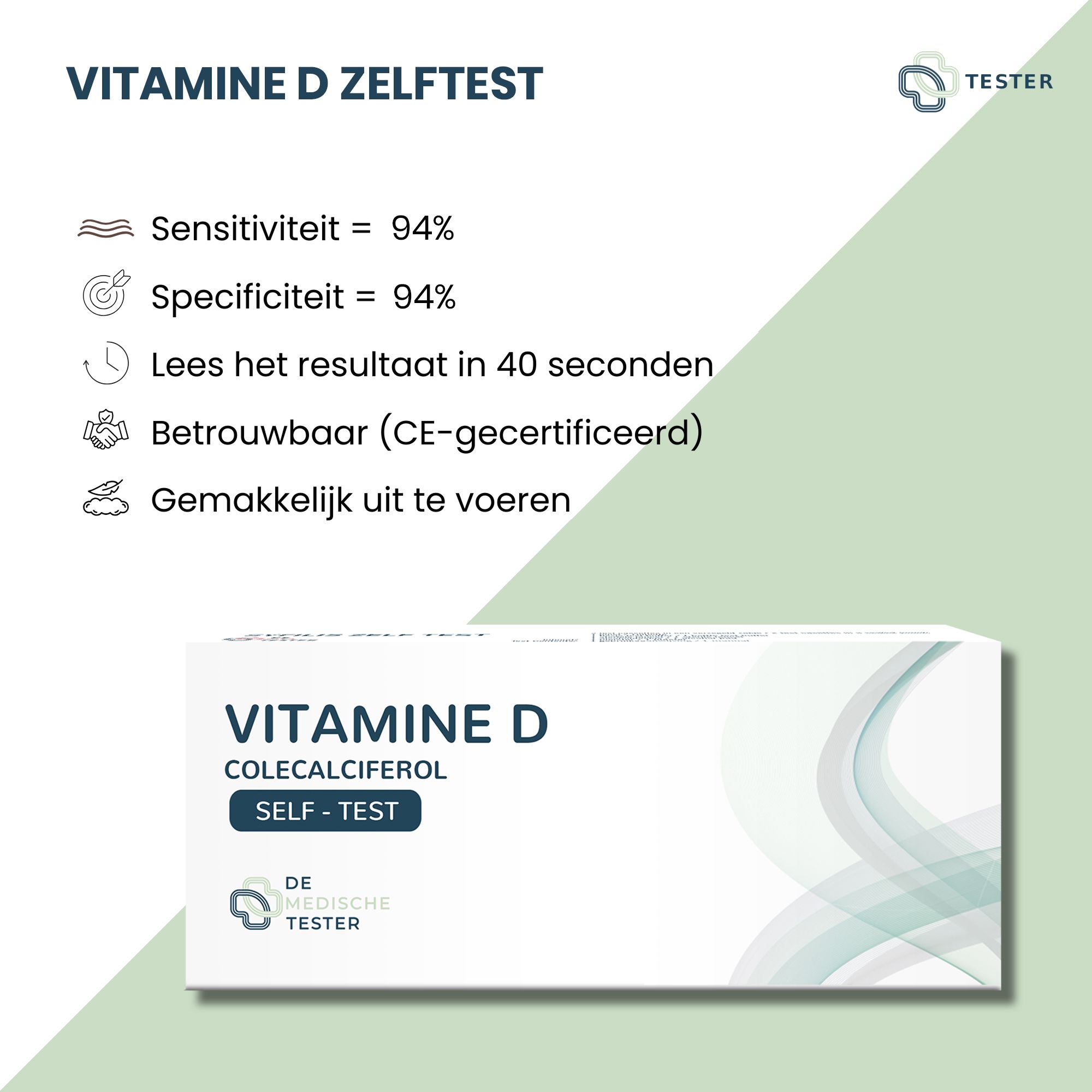Produktverpackung mit Text "VITAMIN D ZELFTEST". Angaben zu Sensitivität, Spezifität, Ergebniszeit und Zertifizierung.