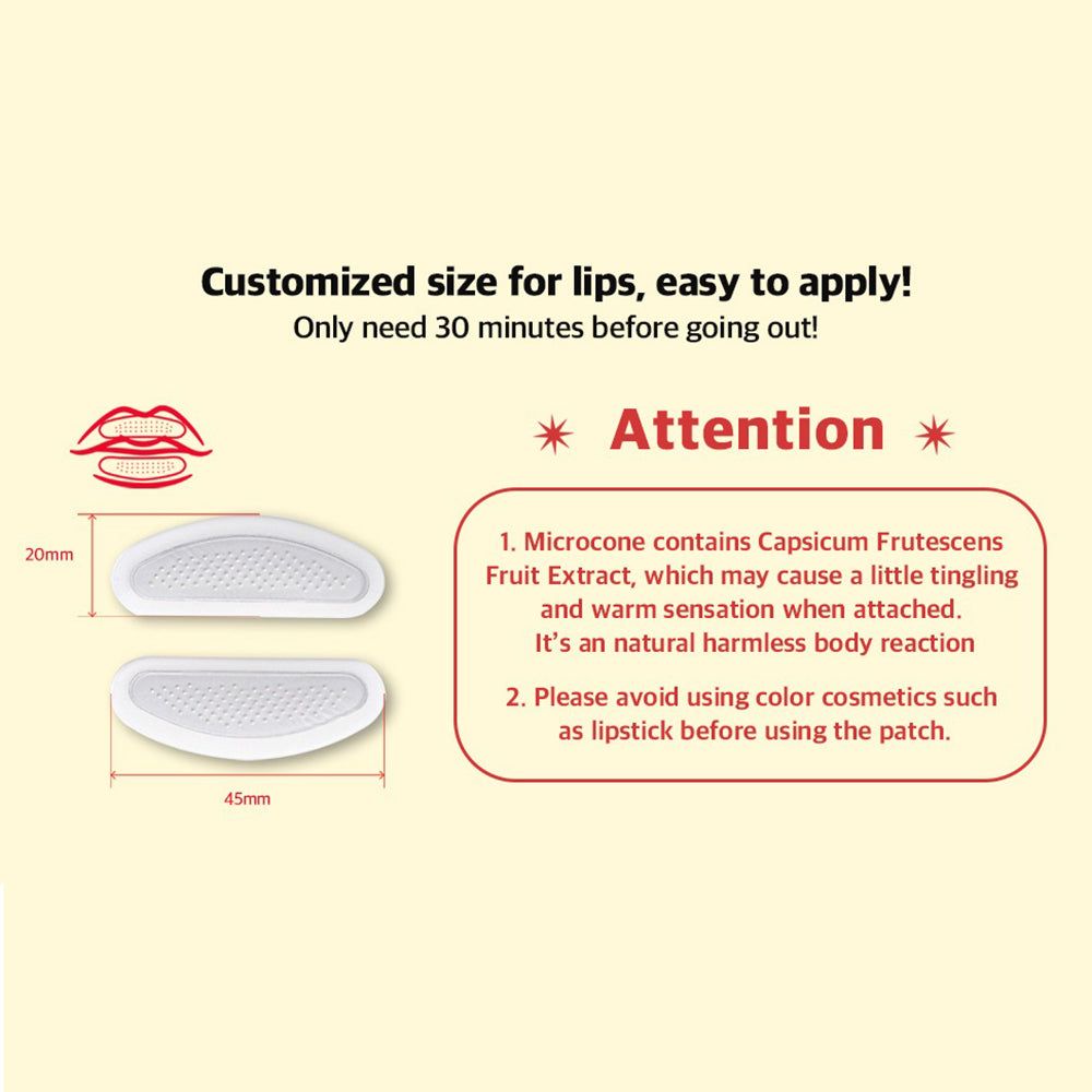 Zwei Lippen-Patches. Abmessungen: 20mm x 45mm. Text: Customized size for lips, easy to apply! Achtung: Enthält Capsicum Frutescens.