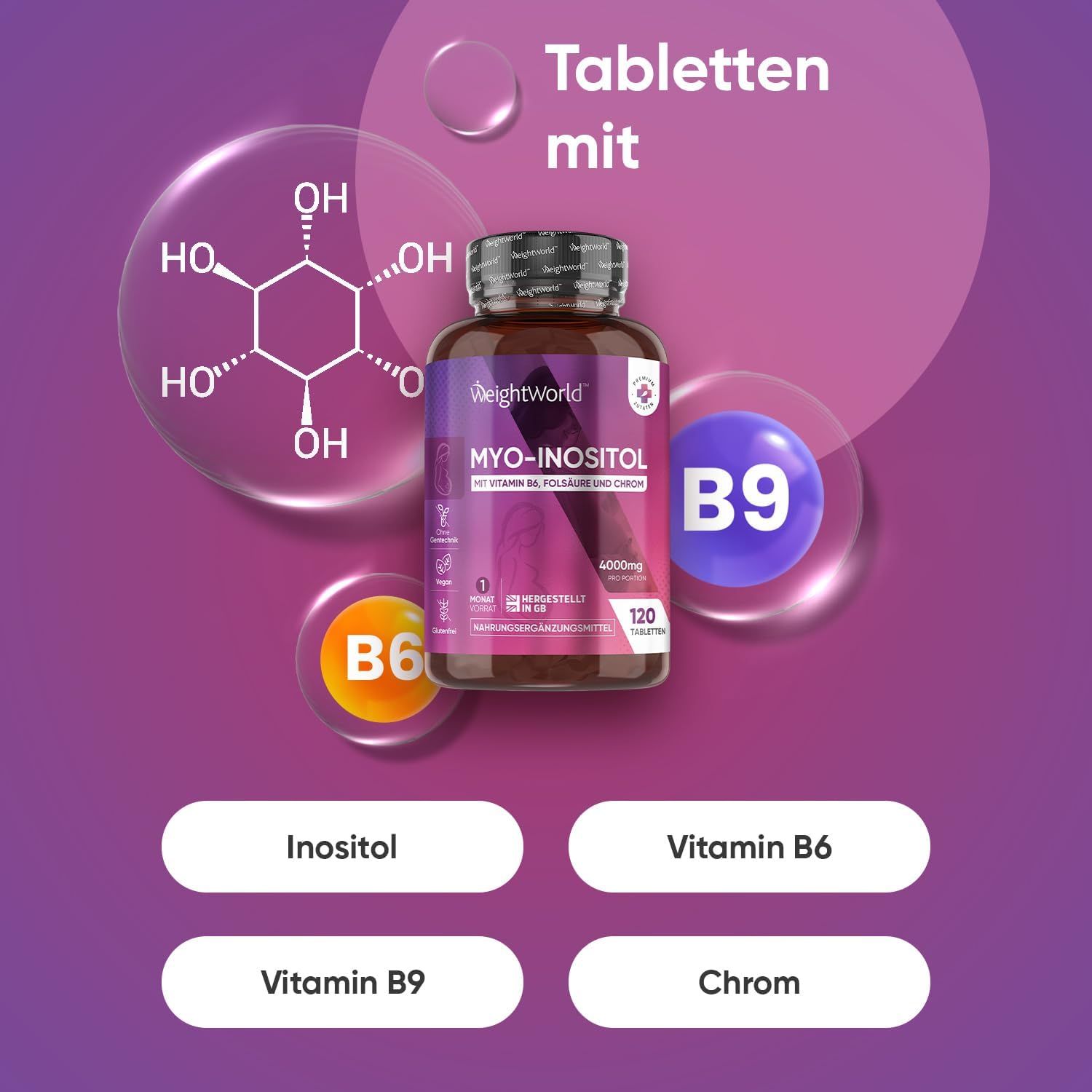 Grafik mit Flasche Tabletten und Inhaltsstoffen: Inositol, Vitamin B6, B9 und Chrom. 120 Tabletten. Lila Hintergrund.