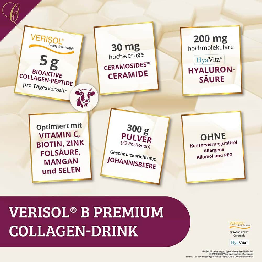 Sechs quadratische Karten mit Informationen zu Cellufine® VERISOL® B Collagen-Drink. Enthält Angaben zu Inhaltsstoffen und Mengen.