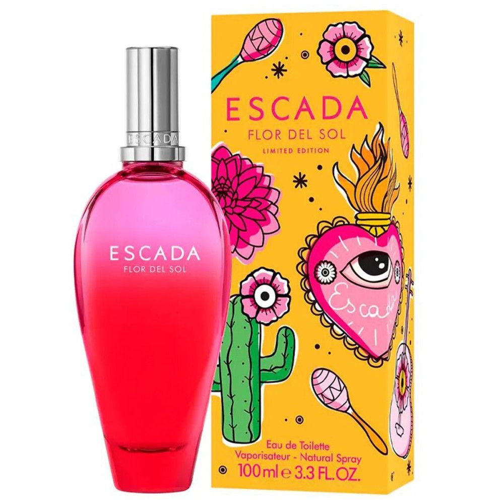 Rosa-roter Escada Flor del Sol Flakon mit gelber Verpackung. Aufdruck: Escada, Flor del Sol, Limited Edition. 100ml.