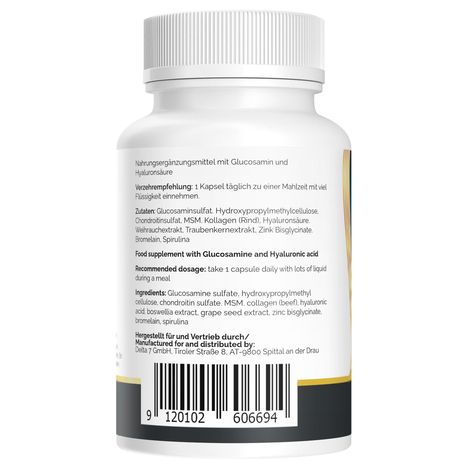 Rückseite der Flasche: Inhaltsstoffe und Nährwertangaben für Gelenk Komplex.