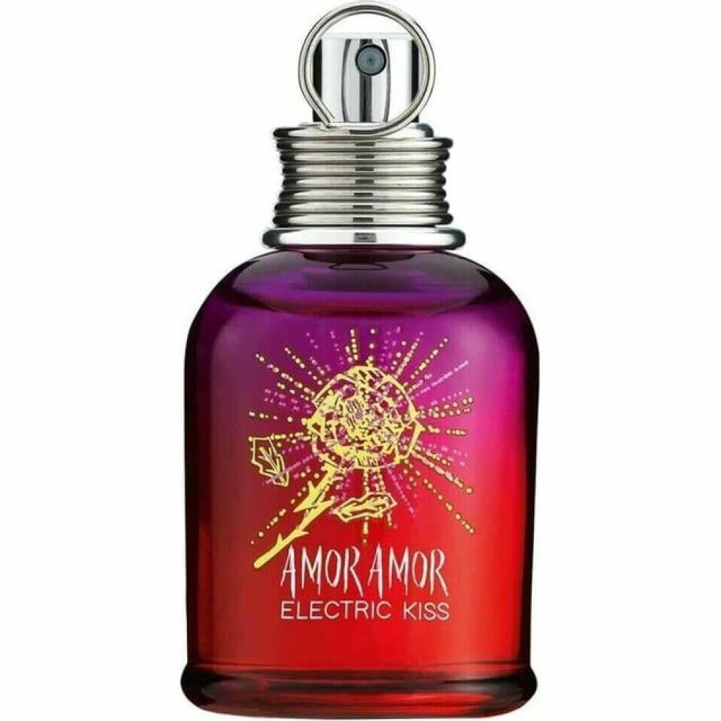 Flasche Cacharel Amor Amor Electric Kiss Eau de Toilette. Farbverlauf von Rot nach Lila. Goldene Rose mit Schriftzug.