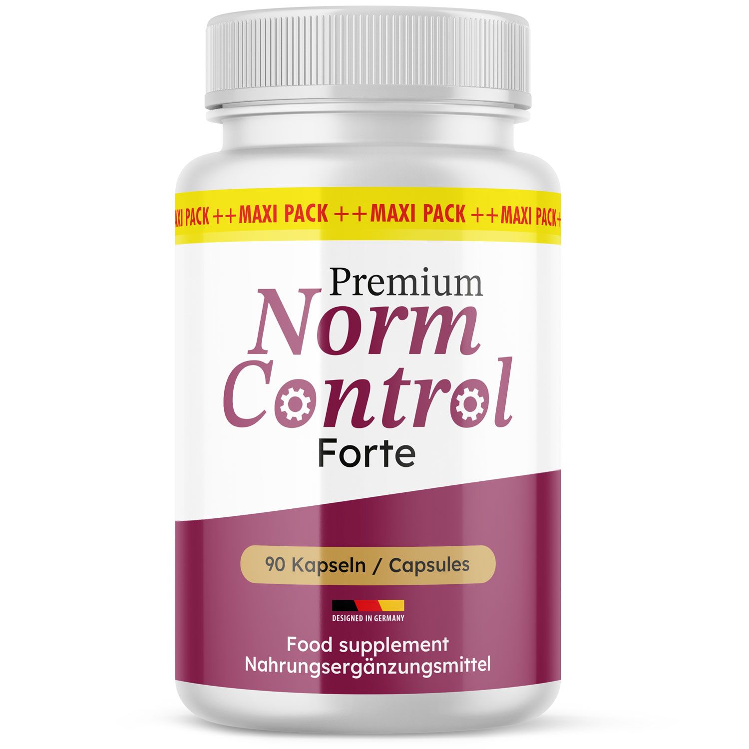 Weiße Flasche mit 90 Kapseln/Capsules Norm Control Forte. "Designed in Germany" Aufschrift.