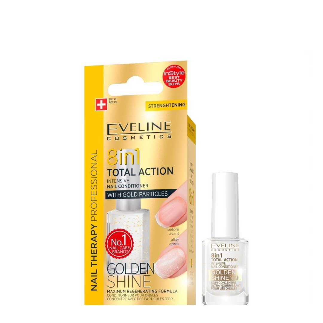Nagelkur mit Goldpartikeln. Flasche und Verpackung mit Produktinformationen. Marke Eveline Cosmetics. 8in1 Total Action.