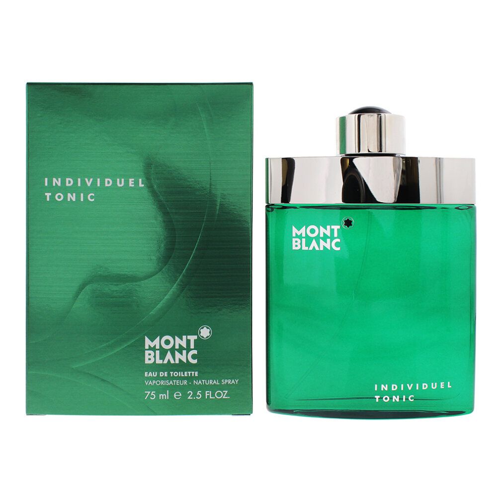 Grüne Flasche und Verpackung. Aufschrift: Mont Blanc, Individuel Tonic. Eau de Toilette Spray. 75 ml.