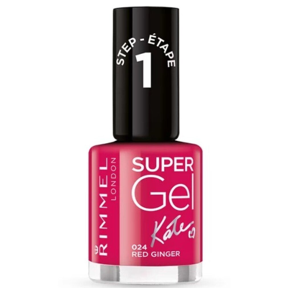 Rimmel Super Gel Nagellack, rot. Schwarzer Deckel mit weißer Aufschrift. Aufschrift: Super Gel Kate's, 024 Red Ginger.