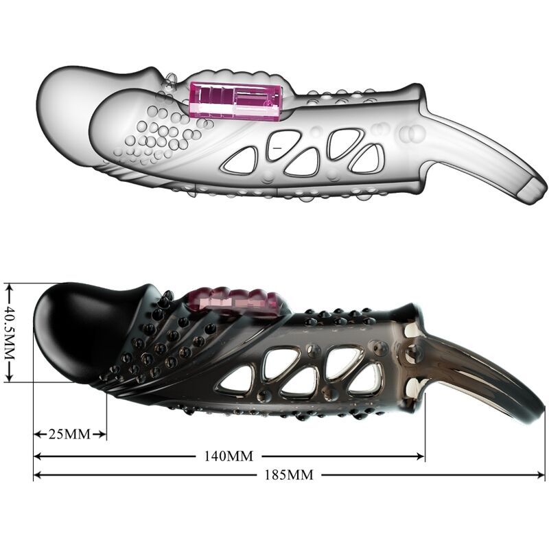 Draufsicht und Seitenansicht einer schwarzen Penishülse mit Hodenschlaufe. Maße: 185mm lang, 40.5mm breit, 25mm Durchmesser.