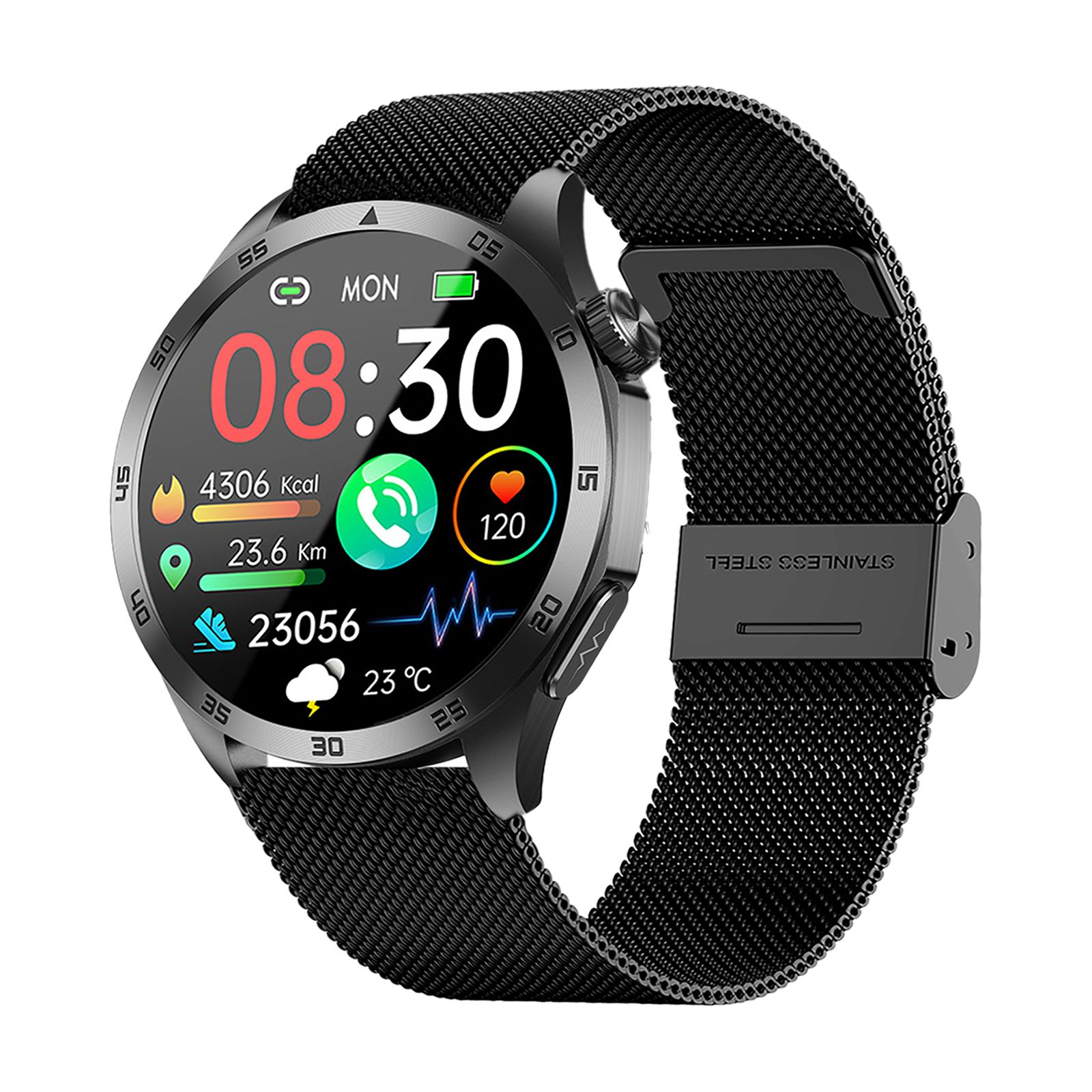 Schwarze Smartwatch mit Mesh-Armband. Zeigt Uhrzeit, Kalorien, Distanz, Schritte und Temperatur an.