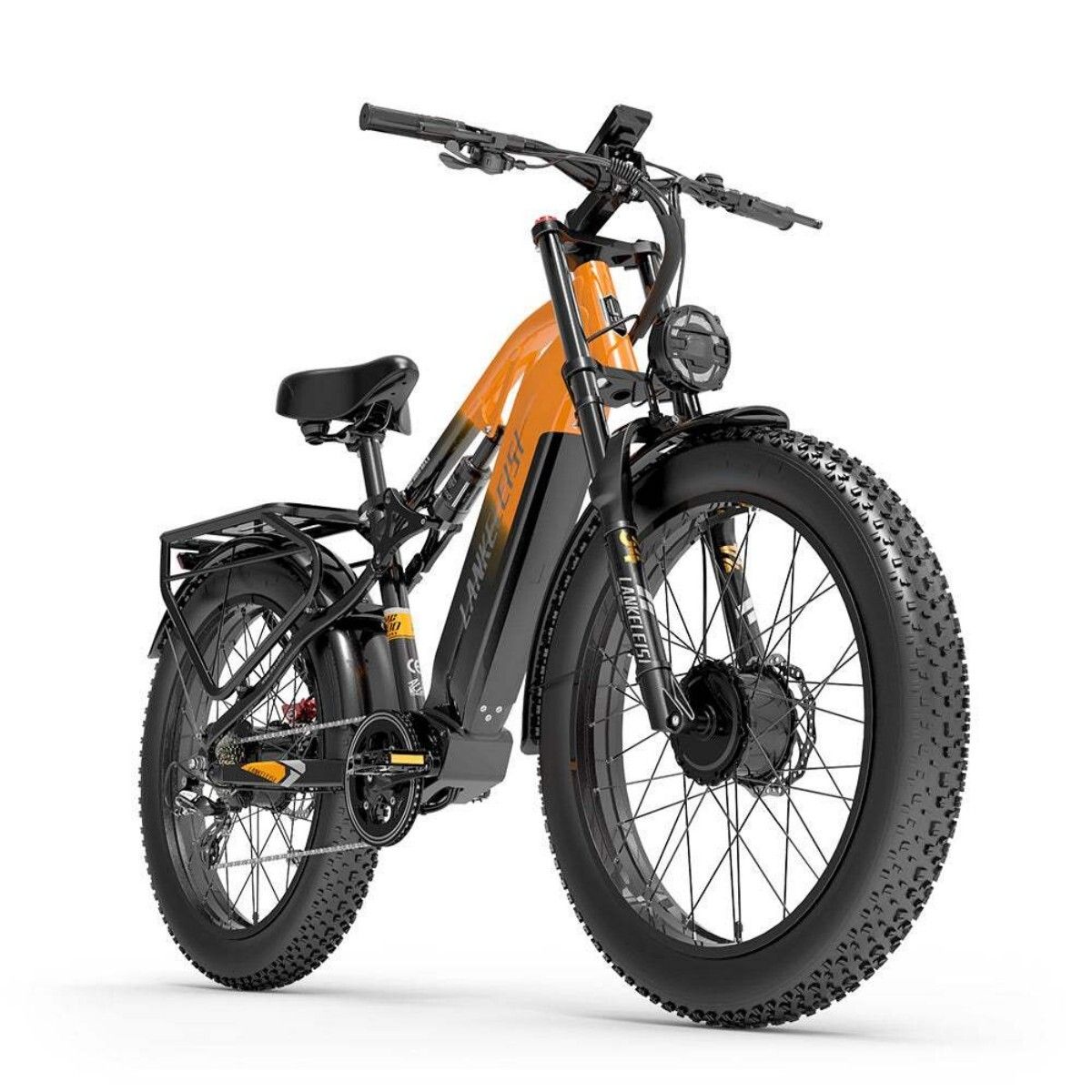 E-Bike mit orangefarbenem Rahmen und schwarzen Komponenten. Dicke Reifen, Frontscheinwerfer. Auf dem Rahmen steht LANKELEISI.
