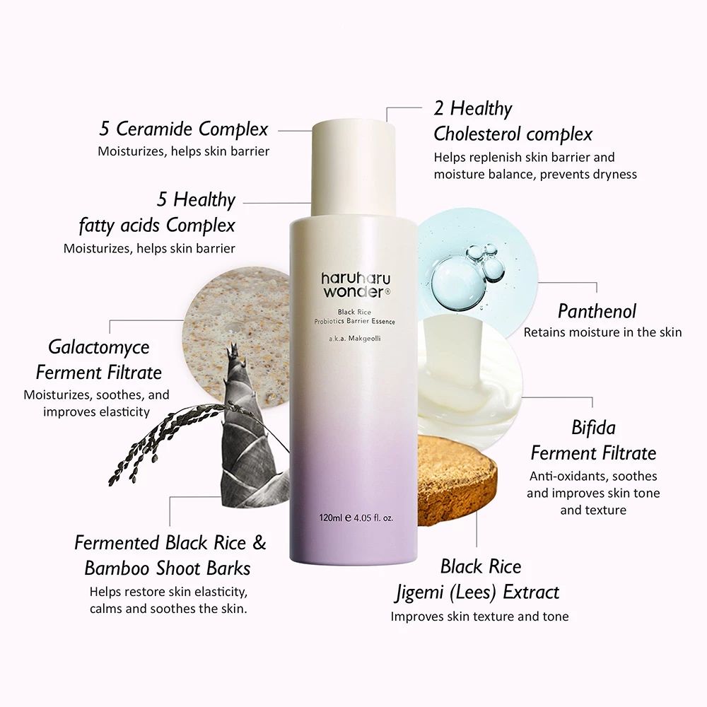 Haruharu Wonder Black Rice Essence Flasche mit Informationen zu Inhaltsstoffen wie Ceramid-Komplex und Panthenol.