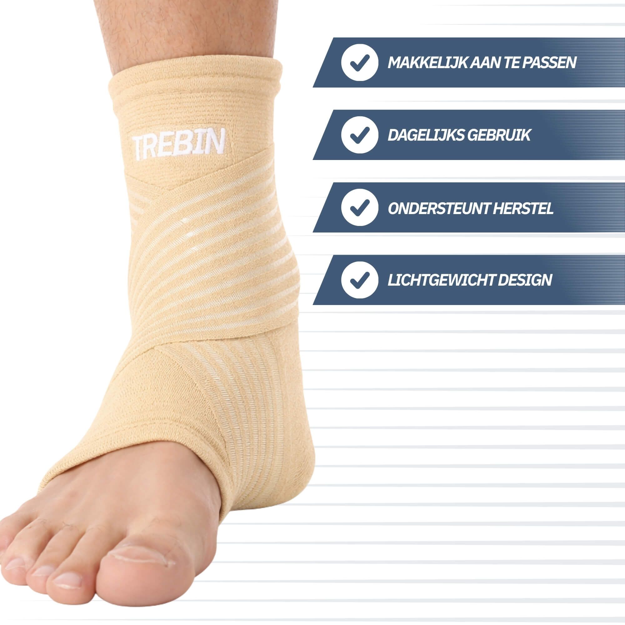 Beige Knöchelbandage mit seitlichen Klettverschlüssen und Streifen.