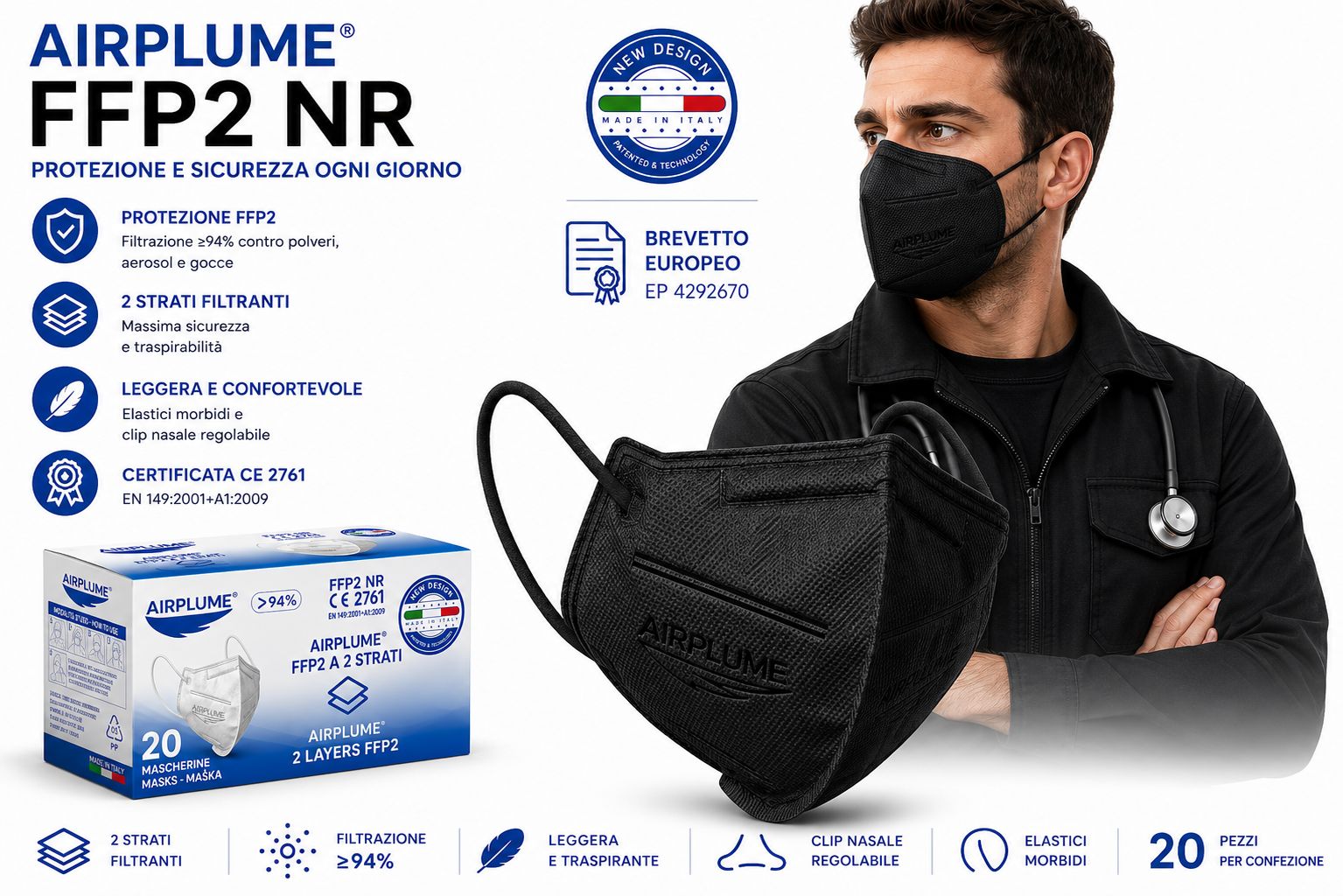 Schwarze FFP2-Maske mit Ohrschlaufen, daneben eine Packung mit 20 Masken. Informationen zu Filtration und Zertifizierung sind sichtbar.