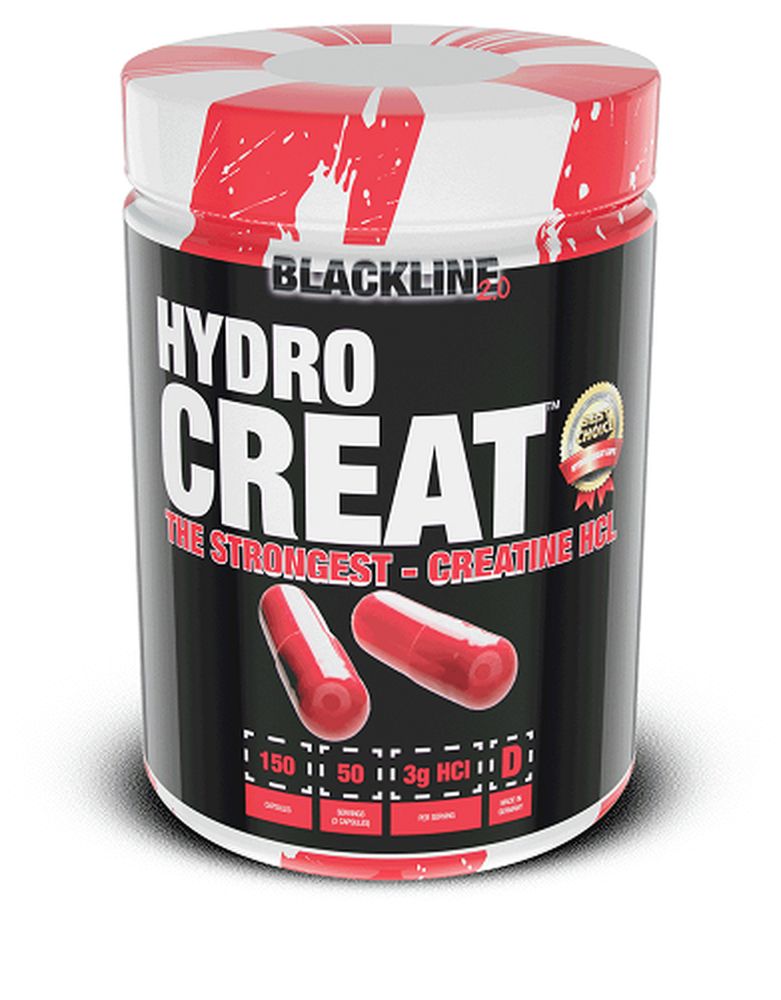 Schwarze Dose mit rotem Deckel, Aufschrift HYDRO CREAT und BLACKLINE. Zwei Kapseln daneben. Auszeichnung.