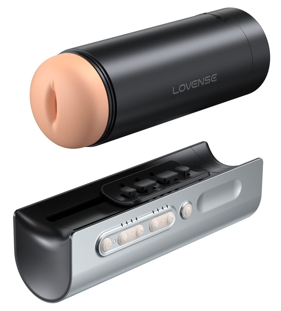 Lovense Solace Pro Masturbator, zerlegt in Gehäuse und Einsatz mit Bedienelementen.