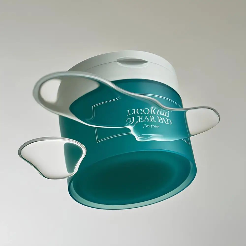 Produktverpackung in der Luft. Dose mit weißem Deckel und türkisfarbenem Etikett. Zwei Pads schweben daneben.