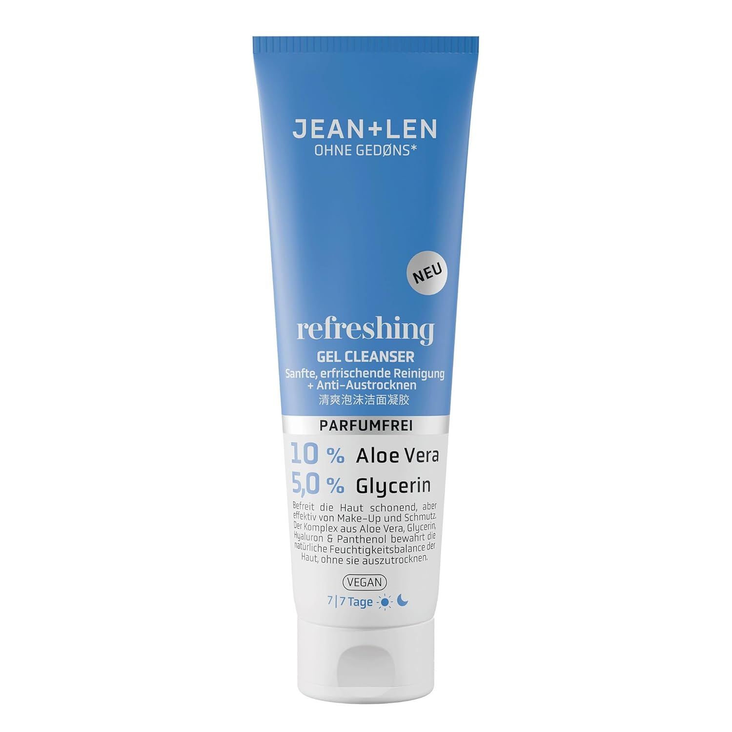 Blau-weiße Tube. Text: Refreshing Gel Cleanser, parfümfrei. Marke: Jean & Len. Text: 10% Aloe Vera, 5,0% Glycerin.