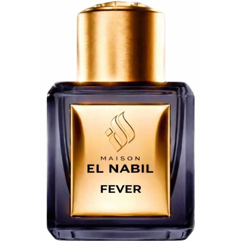 Quadratische, dunkle Glasflasche mit goldfarbenem Etikett und Verschluss. Schwarze Schrift: EL NABIL, FEVER.