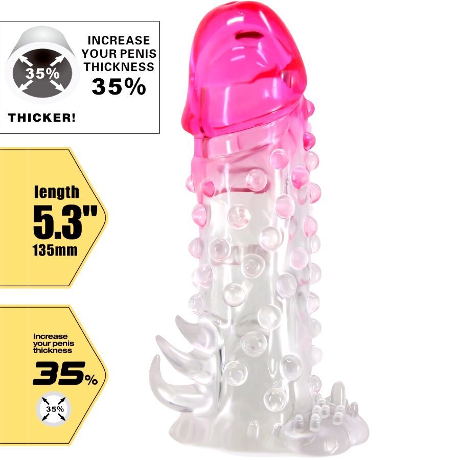 Penishülle, transparent mit rosa Spitze und Noppen. Text: 5.3"/135mm, 35% dickere Penis.